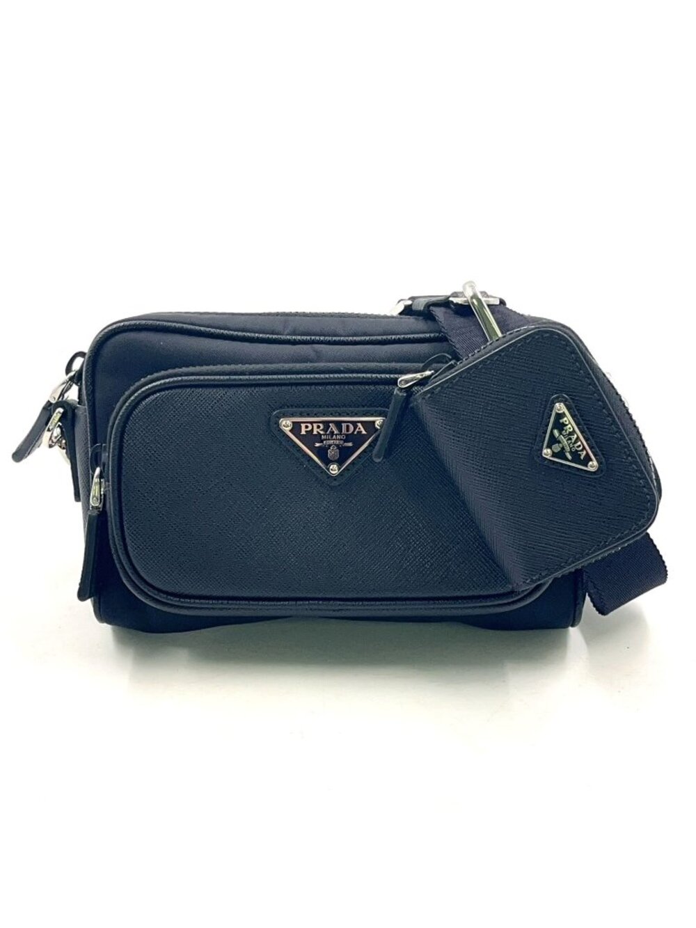 Prada Re-Nylon Saffiano Leather Nylon Black Shoulder Bag Silver